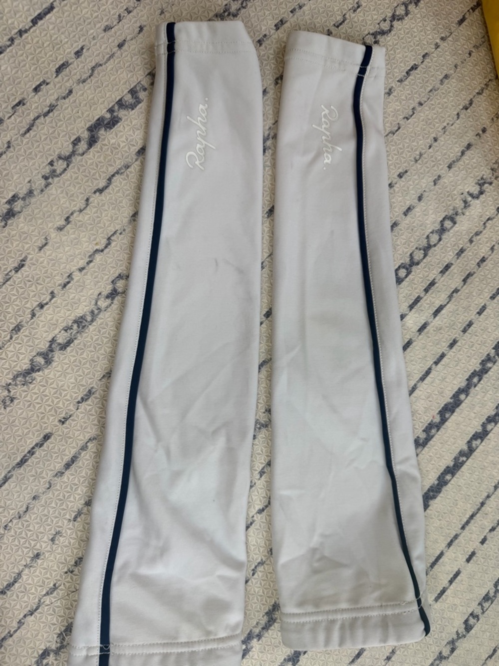 Rapha White Arm Warmers with Navy Side Stripe